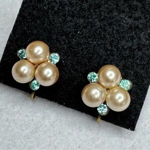 Elegant Vintage Pearl and Aquamarine Crystal Screw Back Earrings